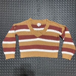 Pink Republic Cropped Sweater Chunky Waffle Knit Striped V-Neck Women’s Medium